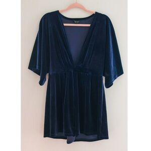 Topshop Blue Velvety Plunge Neck Romper (Size 12 US)